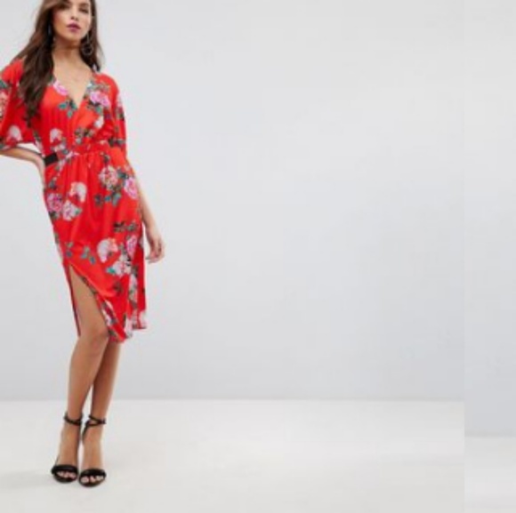 ASOS V Neck Floral Midi Dress Elastic Waist Dress - Picture 2 of 8